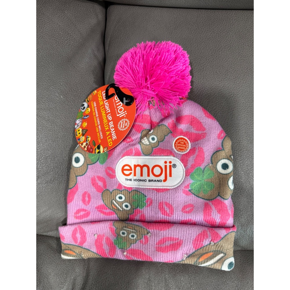 Emoji Poop Kiss Beanie Hat Pink Pom Pom LED‎ Light Up Winter Warm